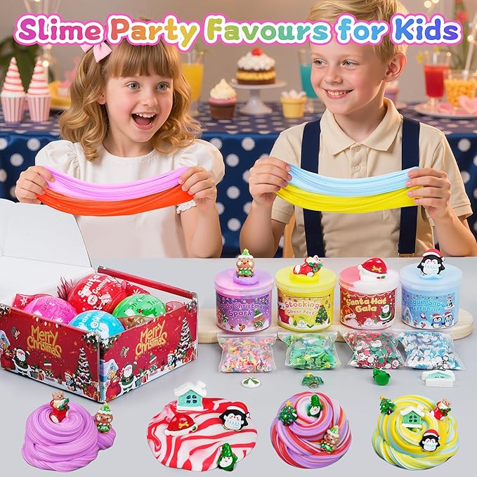 4 Pack Christmas Slime Balls with Charms, Christmas Stocking Stuffers for Kids, DIY Butter Slimes Sensory Toys, Slime Party Favors for Girls Boys, Halloween Xmas Gifts for Girls & Boys Kids Ages 4-12
