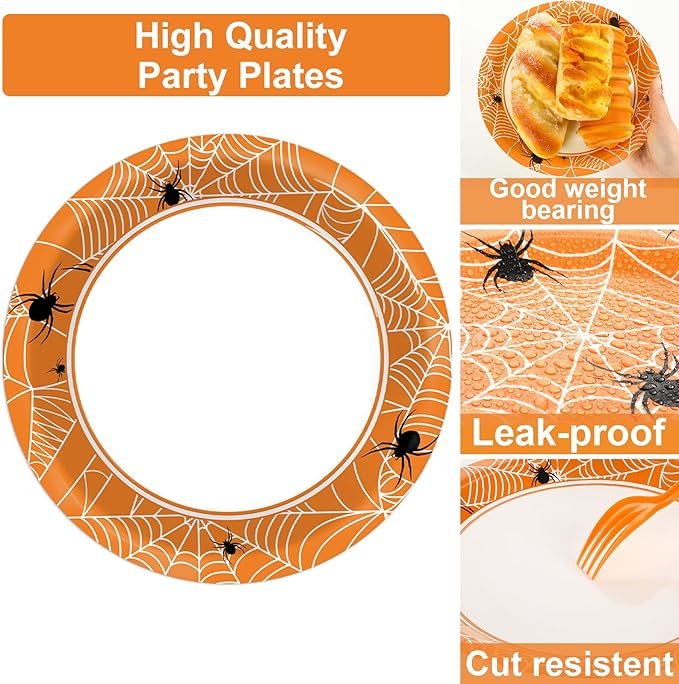100 Pcs Spiderweb Party Plates and Napkins - Black and White Halloween Tableware Set for 25 Guests
