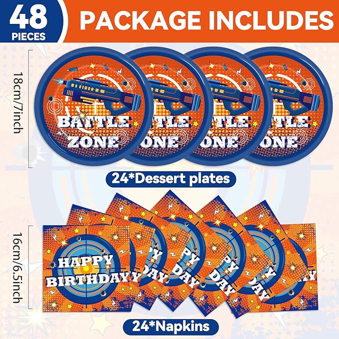 48Pcs Dart War Paper Plates and Napkins Dart War Party Decorations Blue and Orange Birthday Party Supplies Battle Video Game Disposable Tableware Set for Kids Boys' Birthday Baby Shower Serves 24