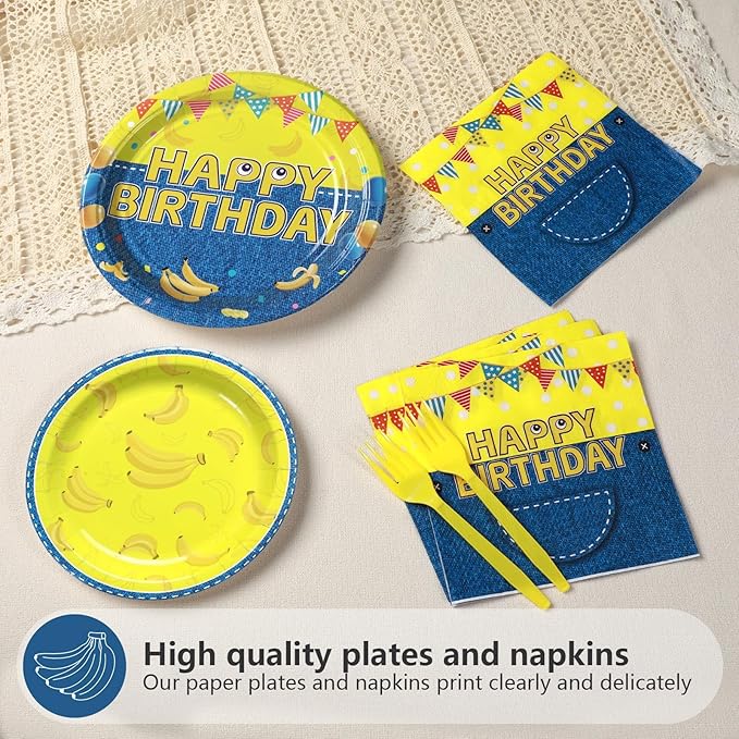 Grencian 96Pcs Yellow Cartoon Birthday Party Decorations Yellow Cartoon Paper Plates and Napkins Banana Theme Disposable Tableware for Banana Theme Birthday Decorations Serves 24