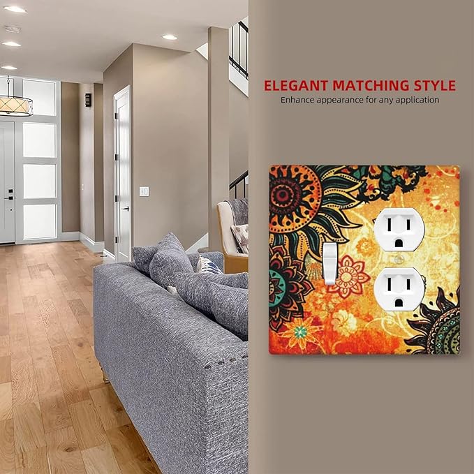 Red Mandala Boho Flower Bohemian Floral Combination 1-Toggle 1-Duplex Receptacle 2 Gang Wall Plate, Burnt Orange Sun Sunflower 2 Gang Combo Single Toggle/Light Switch One Duplex Outlet Faceplate Cover
