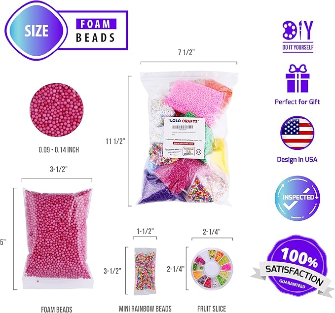 Slime Foam Beads Floam Balls – 18 Pack Microfoam Beads Kit 0.1-0.14 inch Micro Colors Rainbow Fruit Beads Craft Add ins Homemade DIY Kids Ingredients Flote Microbeads Supplies Mini Small