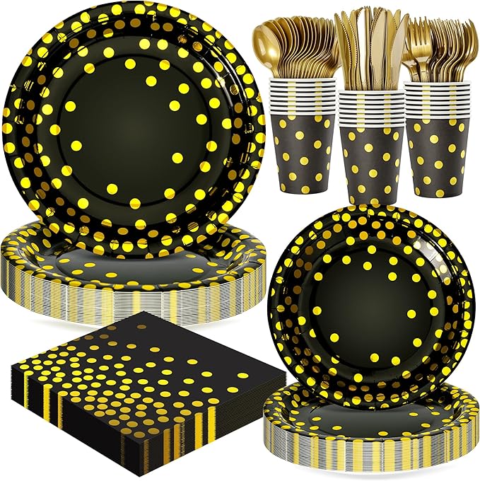 Black and Gold Dots Plates Set for 24 Guests,168PCS Disposable Dinnerware Party Supplies,Paper Plates Napkins Cups Gold Forks Knives Spoons for Birthday Graduation Retirement Anniversary Wedding Party
