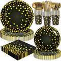 Black and Gold Dots Plates Set for 24 Guests,168PCS Disposable Dinnerware Party Supplies,Paper Plates Napkins Cups Gold Forks Knives Spoons for Birthday Graduation Retirement Anniversary Wedding Party
