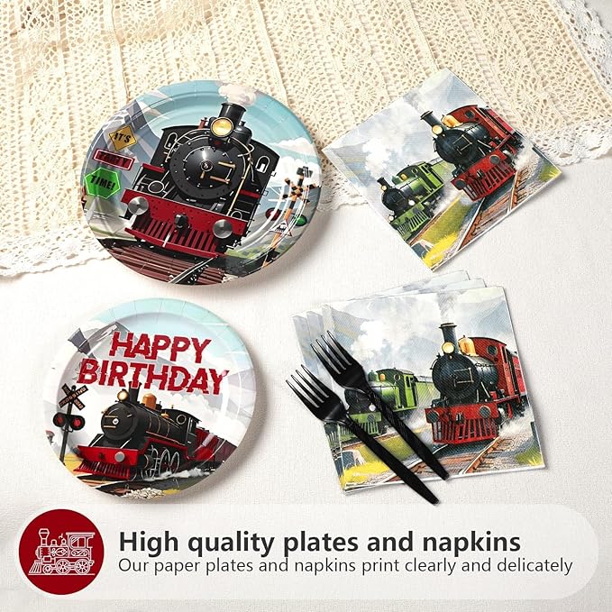 Grencian 96Pcs Train Birthday Party Decorations Vintage Steam Train Paper Plates and Napkins Retro Trains Disposable Tableware Sets for Boys Trains Themed Birthday Party Supplies Serves 24