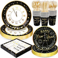 168pcs Happy New Year Party Supplies, Black and White Paper Plates Napkins Cups and Transparent Gold Cutlery for 24 Guests, 2026 New Year Disposable Tableware Supplies for Party Decorations