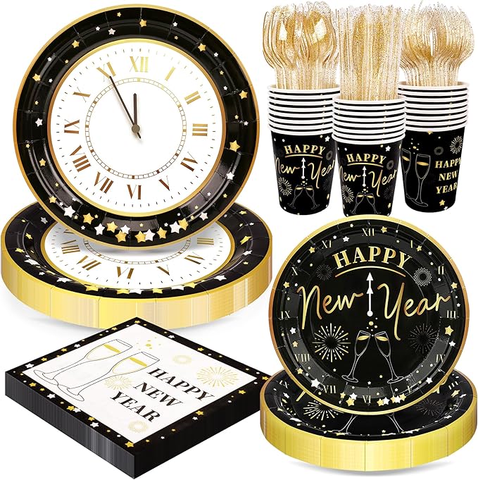 168pcs Happy New Year Party Supplies, Black and White Paper Plates Napkins Cups and Transparent Gold Cutlery for 24 Guests, 2026 New Year Disposable Tableware Supplies for Party Decorations