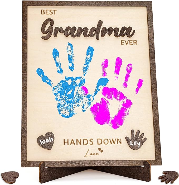 Best Grandma Ever Gifts - Personalized Wooden Handprint Plaque, DIY Keepsake Craft Kit from Grandkids, Meaningful Family Decor to Capture Precious Memories, Unique Birthday Christmas Gift for Grandma