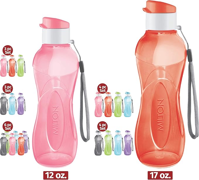 MILTON Water Bottle Kids Reusable Leakproof 17 Oz 4-Pack Plastic Wide Mouth Large Big Drink Bottle BPA & Leak Free with Handle Strap Carrier for Cycling Camping Hiking Gym Yoga
