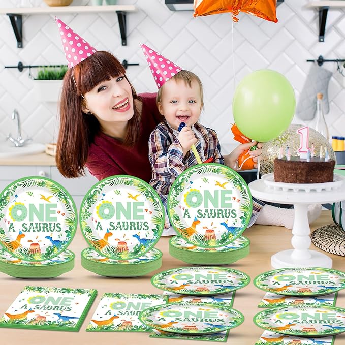 CHUNNIN 50PCS One A Saurus Birthday Party Paper Plates and Napkins Dinosaur First Birthday Decorations Dinosaur First Tableware Set Serves 25 Guests Boy Kids Dino Baby Shower Party Supplies