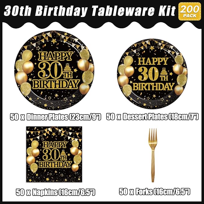 200Pcs 30th Birthday Party Tableware Set, Back in 1996 Birthday Party Decorations Supplies for Men Women Cheers to 30 Years Birthday Party Dessert Plates Napkins Forks Favors, Serve 50