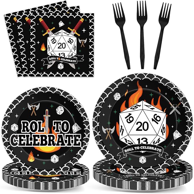 96Pcs D20 Dice Themed Birthday Party Plates and Napkins Dungeons Game Night Decor Roll to Celebrate Paper Disposable Cake Plates Role-Playing Game Themed Tableware Set for Adults Baby Shower 24 Guests