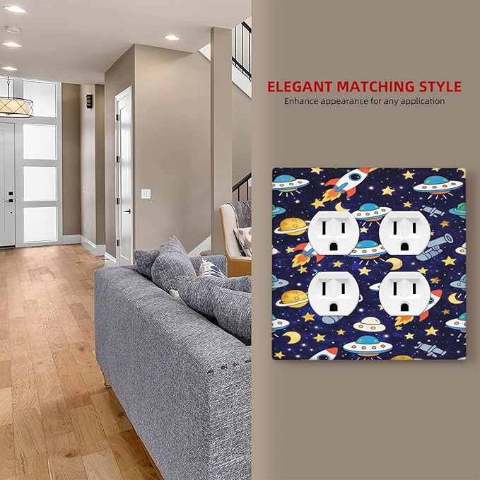 Decorative Outlet Covers Blue Space-themed Rocket Spaceship 2 Gang Light Switch Cover Plate Double Duplex Wall Plates for Electrical Switch Plate Covers for Children's Room Decor