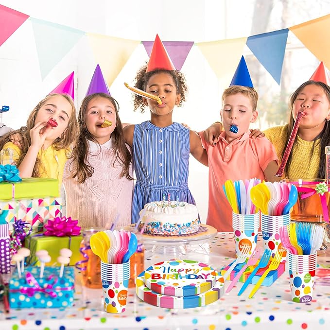 Meanplan Serves 24 Guests Happy Birthday Plates and Napkins Rainbow Polka Dot Birthday Tableware Set Rainbow Dot Party Decorations for Kids Included Cups Knives Forks Spoons Total 168 Pcs