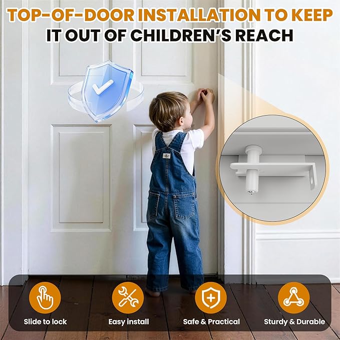 Child Safety Door Top Lock – Metal Child Safety Top Lock for Interior & Exterior Doors | Lock & Unlock from Both Sides | Adjustable Top Door Locks For Kids Safety Fits 0.16-3 Inch Thick Doors (1 Pack)