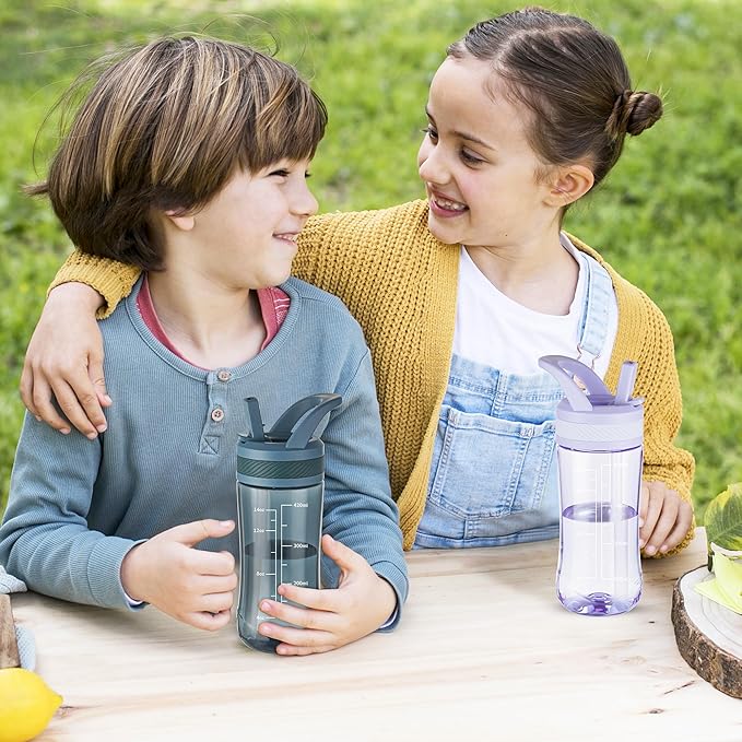 Kids Clear Water Bottle 14oz Flip with Straw Carry Handle, Leakproof, Reusable, Tritan, BPA Free, Suitable for Boys and Girls, Dark blue