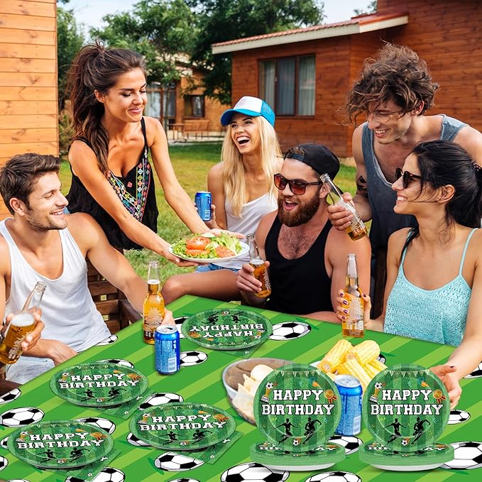 Soccer Party Supplies Serves 24 Soccer Birthday Decorations Party Paper Plates and Napkins Includes Plastic Sports Birthday Disposable Tablecloth Set Tableware for Sports Party Supplies for Boys Girls