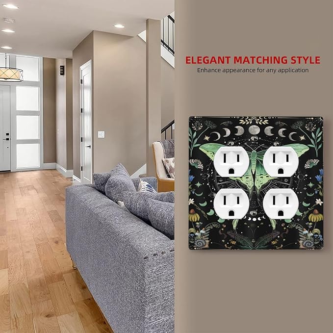 Moon Phase Butterfly Wildflower Plant Mysterious Night Moonlit Outlet Covers 2 Gang Double Duplex Decorative Light Switch Covers Electrical Wallplates Socket Faceplate for Bedroom Living Room Decor