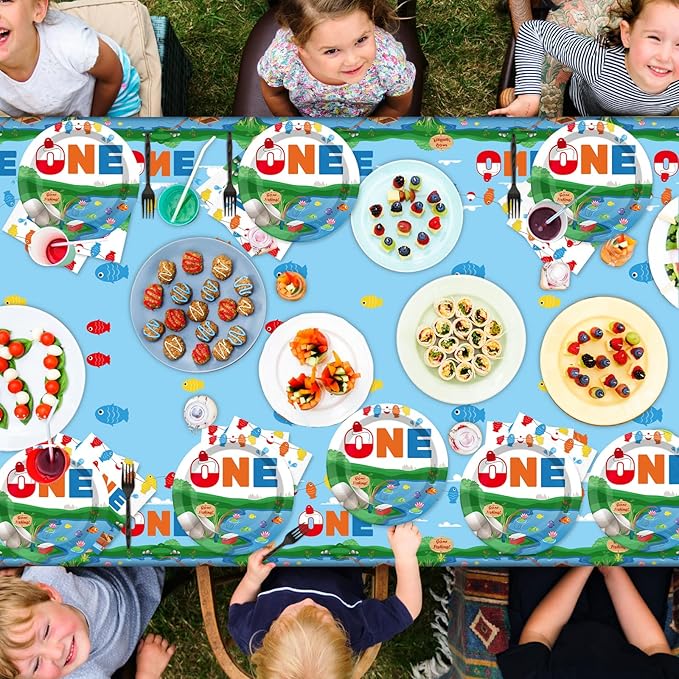 Ofishally One Birthday Party Supplies Serves 24 Gone Fishing 1st Party Paper Plates Napkins Little Fisherman Tablecloth Set Tableware Kit for Baby Shower Decorations Kids Boys Girls