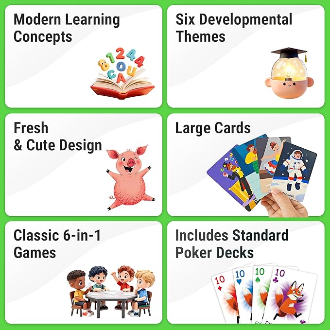rokt&razo 6 in 1 Educational Kids Card Games, Alphabet Memory Match, Slap Jack, Go Fish, Crazy Eights, War, Ghost Out (Formerly Old Maid), Large Kids Playing Cards, Easter & Stocking Stuffers