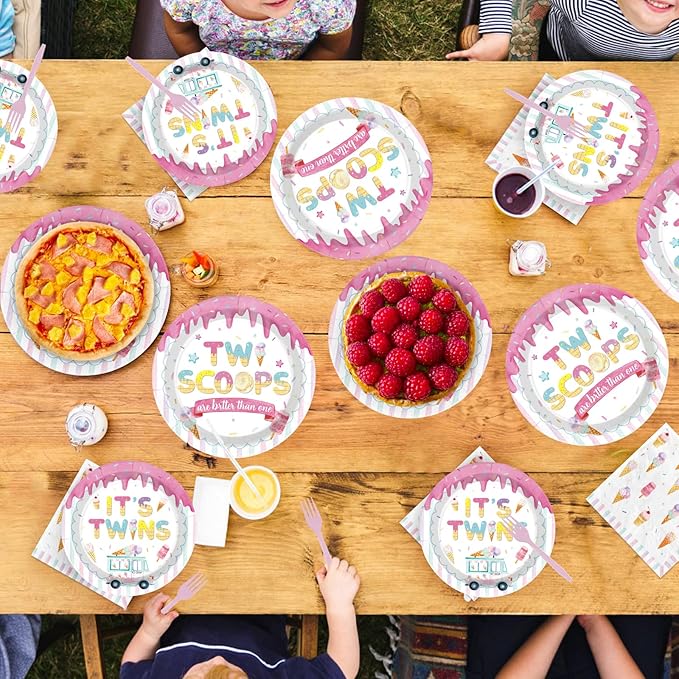 96Pcs Twins Baby Shower Decorations Ice Cream Twin Birthday Plates and Napkins Two Scoops are Better Than One Tableware Set for Twins Girls Boys Baby Shower Party Supplies Serves 24