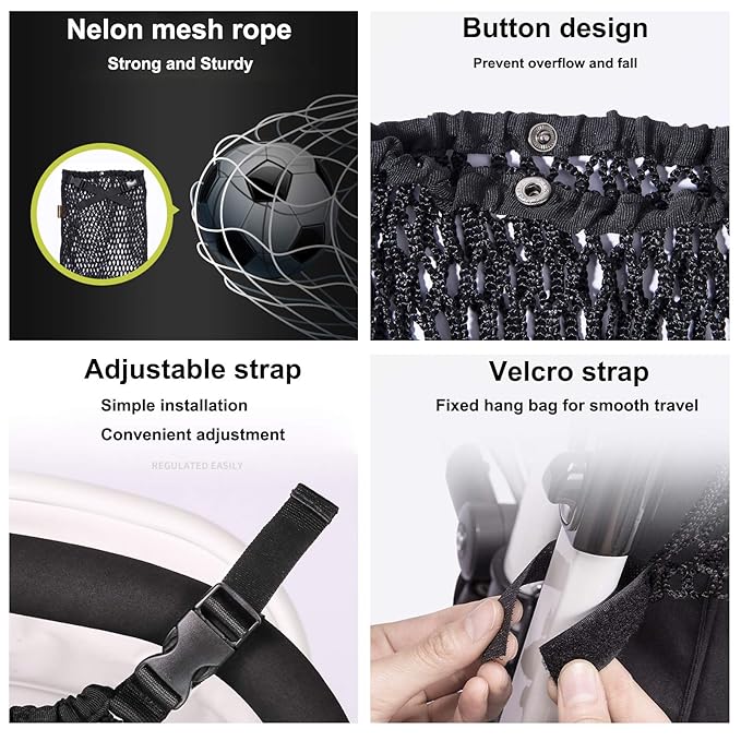 Universal Baby Stroller Organizer Polyester Net Mesh Storage Bag with Extra Large Storage Space, Non-Slip and Adjustable Stroller Accessories for Carrying Diaper Toys and Snacks (Black)