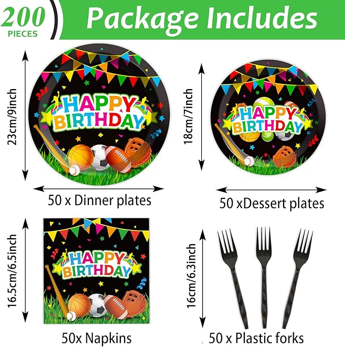 200 pcs Happy Birthday Party Plates and Napkins Kit Sports Themed Birthday Tableware Soccer Basketball Party Supplies For Baby Shower Sports Game Activities and Ball Fans Club celebrations Service 50