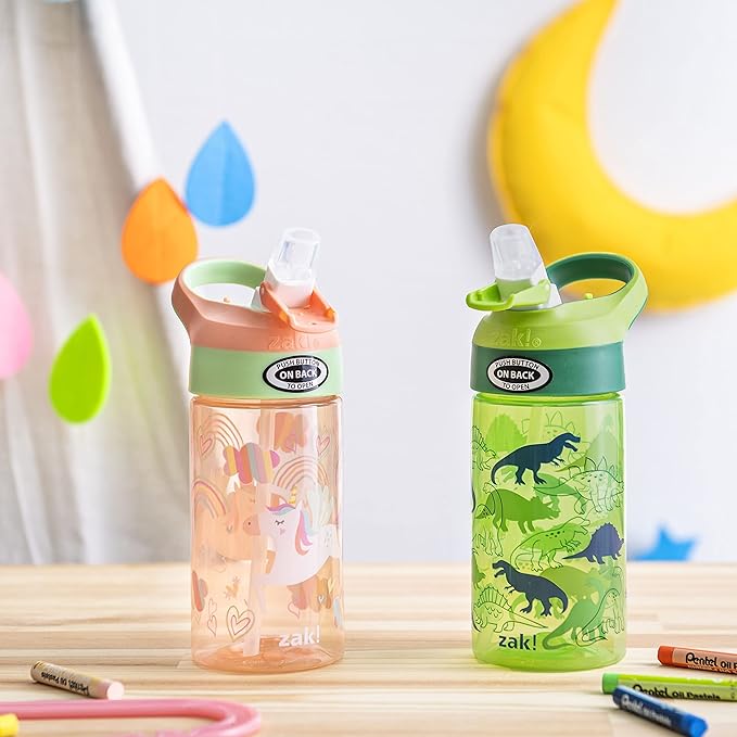Zak Designs 16oz Riverside Kids Water Bottle with Spout Cover and Built-in Carrying Loop, Made of Durable Plastic, Leak-Proof Water Bottle Design for Travel (Unicorn & Dino Camo, Pack of 2)