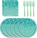 72 Pcs Teal Glitter Paper Plates 7in Disposable Paper Dessert Plates Napkins and Forks Party Tableware Set Happy Birthday Table Decorations for 24 Guests Blue Green Silver Birthday Wedding Theme Party