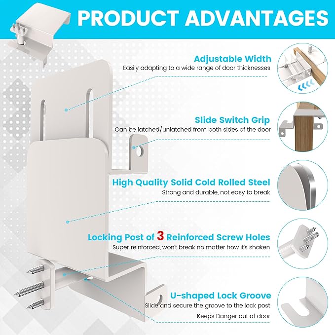 2 Pcs Adjustable Child Safety Door Top Lock, Child Safety Top Lock For Door, Metal Top Of Door Locks For Kids Safety, Door Top Lock For Interior Exterior French Door For Childproofing White