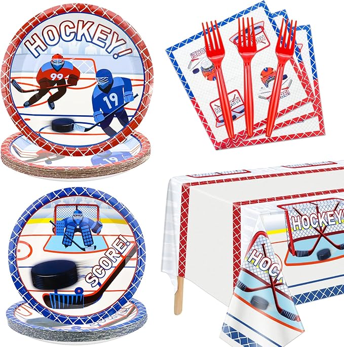 Hockey Party Supplies - Serve 20-81Pcs Plates, Napkins, Tablecloth, Forks Set for Kid's Hockey Fans Birthday Gameday Theme Party Decorations