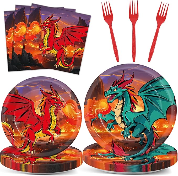 96Pcs Dragon Party Plates and Napkins for Magical Birthday Supplies Dragon Themed Paper Dessert Plates Tableware Set for 24 Guests Boys Birthday Party Decorations