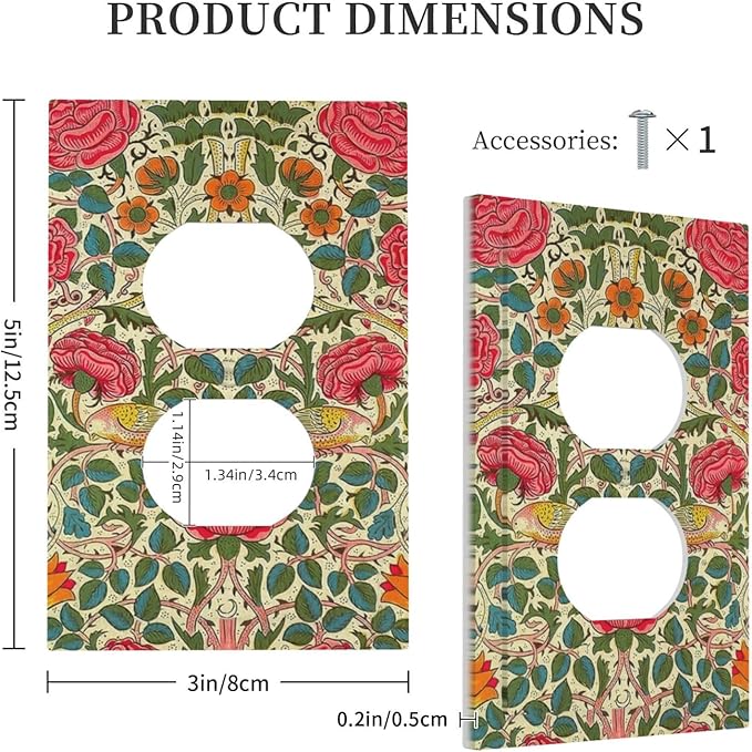 William Morris Roses Floral 1 Gang Electrical Duplex Outlet Covers VintageTulip Flower Plant Bird Light Switch Cover Receptacle Wall Plate Decorative for Country Bedroom Home Decor