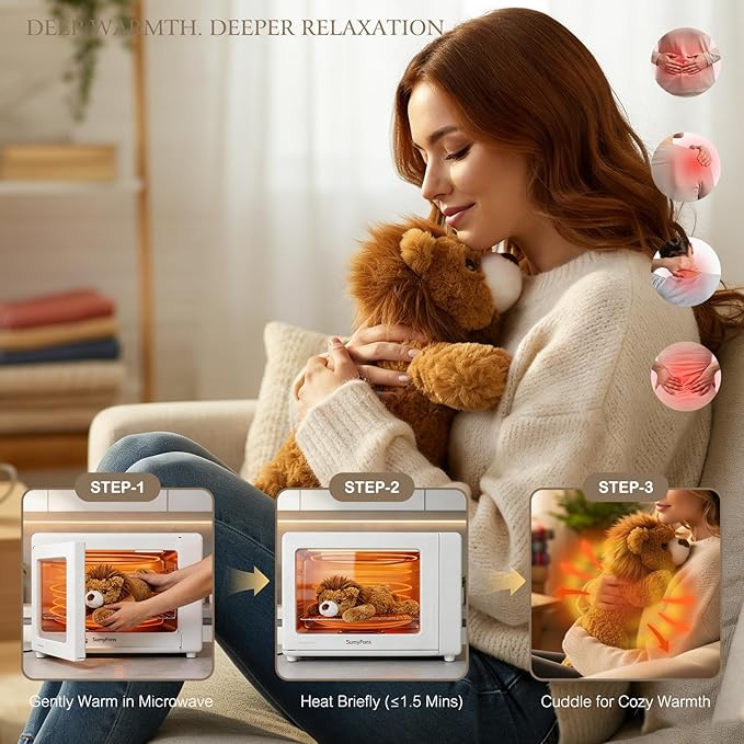 Aplushuman® Microwavable Heating Pad Golden Lion Plush - Weighted Stuffed Animal Toy with Tourmaline Beads & Lavender - 1.8 lb for Long Lasting Cozy Warmth - Includes Gift Box & Greeting Card