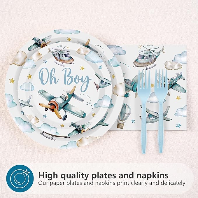 Grencian 96Pcs Airplane Baby Shower Decorations Airplane Boy Baby Shower Paper Plates and Napkins Disposable Party Supplies Plates for Boys Little Explorer Landing Soon Adventure Party Decorations