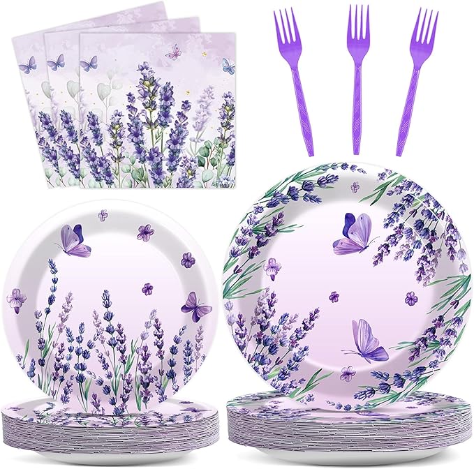 96 Pcs Spring Purple Party Supplies Lavender Paper Plates Napkins Watercolor Floral Cake Dessert Tableware Set Flower Butterfly Dinnerware for Summer Birthday Party Shower Decoration Serve 24