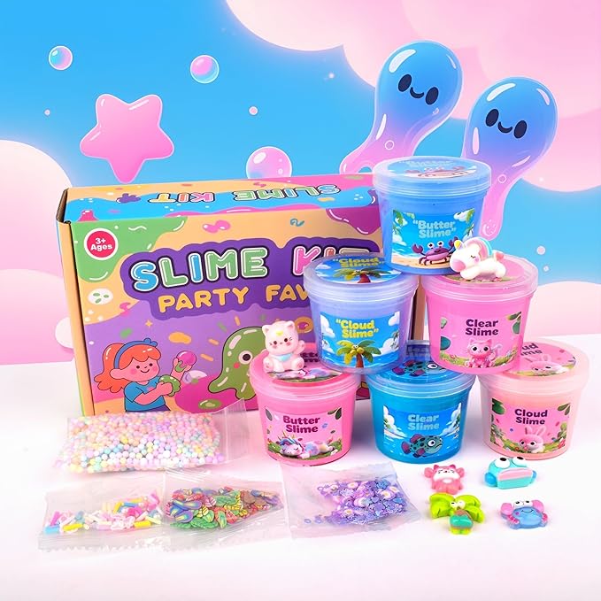 6 Pack Slime kit, Pink & Blue Slime for Kids, Butter Cloud Clear Slime Set Party Favors for Boys Girls Ages 8-12, Soft Sensory Toys Goodie Bag Stuffers, 4-10 Year Old Girl Birthday Gift