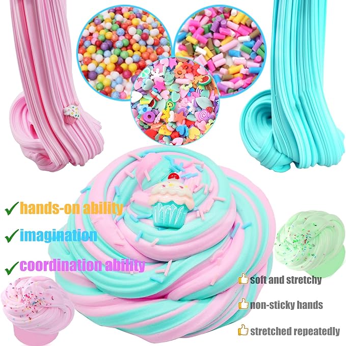KUALUDJIT12Pack Butter Slime Kit with Cake Charms Super Soft & Non-Sticky,Stress Relief Toy for Girls and Boys,Party Favors and Birthday Gift，Easter Basket Stuffers