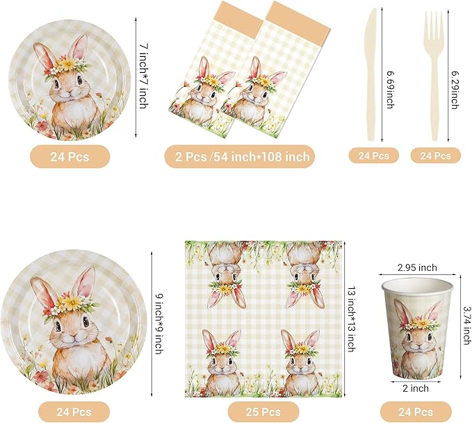 Childom Spring Party Decorations,147 Pcs Disposable Plates and Napkins Party Supplies,Bunny Dinnerware Sets with Plastic Tablecloth Knives Fork,Paper Plates Napkin Cups for Birthday Easter Decorations
