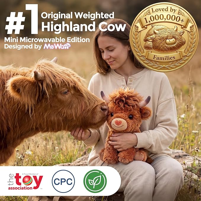 Mewaii Highland Cow Stuffed Animal, Weighted Highland Cow Plush with Washable Cover 1.1 lbs, Heatable & Coolable Microwavable Stuffed Animal Fluffy Cute Cozy Gift for Kids Women 10 Inch