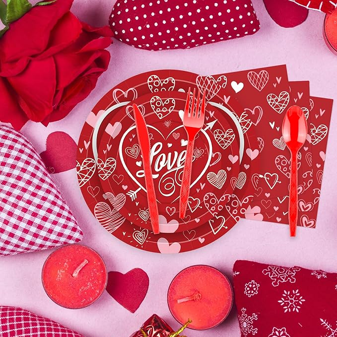 175 Pcs Valentine's Day Tableware Set - Serves 25, Heart and Love-Themed Disposable Plates, Cups, Napkins, Forks, Spoons, Knives for Valentine, Wedding Party Supplies, Romantic Holiday Gatherings