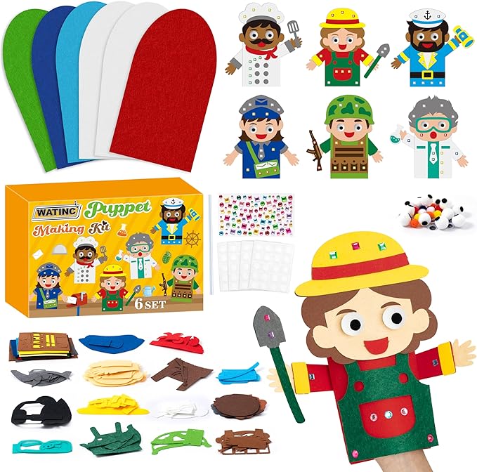 WATINC 6Pcs Hand Puppet Making Kit, Art Craft Felt Sock Puppet Toys, Creative DIY Make Your Own Pompoms Wiggle Googly Eyes Storytelling Role Play Party Supplies Gift for Girls Boys (Career B)