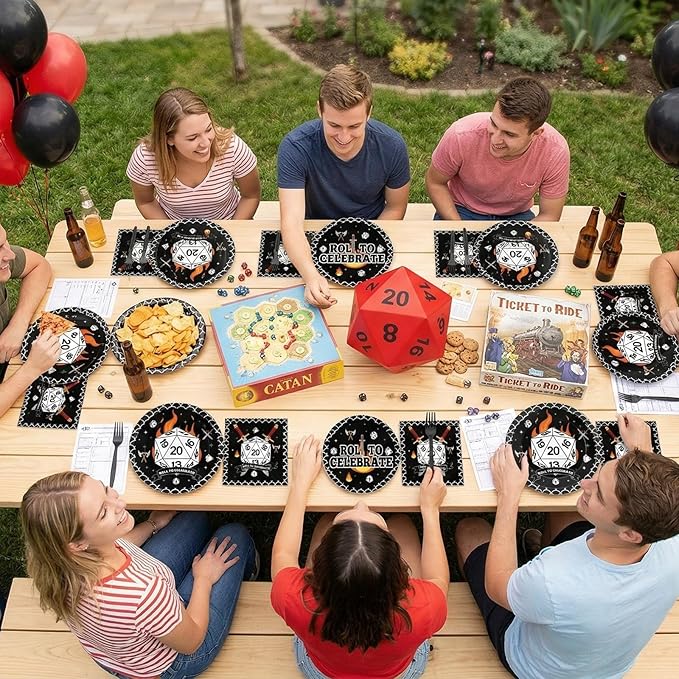 96Pcs D20 Dice Themed Birthday Party Plates and Napkins Dungeons Game Night Decor Roll to Celebrate Paper Disposable Cake Plates Role-Playing Game Themed Tableware Set for Adults Baby Shower 24 Guests