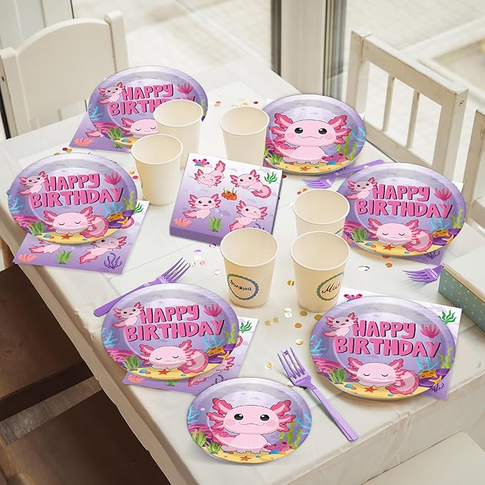 100 Pcs Axolotl Birthday Party Supplies Pink Axolotl Disposable Paper Plates Forks Tableware Sets Cute Cartoon Reptile Animals Happy Birthday Decorations for Kids Girls Baby Shower Serve 25 Guests
