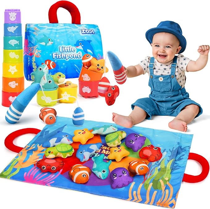 ZOOI Toddler Montessori Toys for 1-3 Year Old, 24PCS Cloth Fishing Game with Stacking Cups for Hand-Brain Coordination, Sensory Baby Toys 6-12 Months, 1-3 Year Old Girl Boy Birthday Gifts