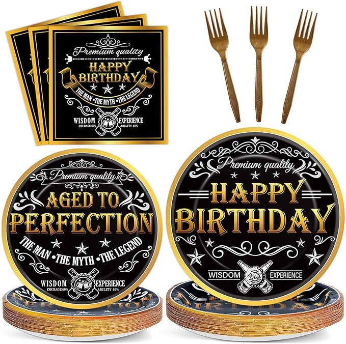 96 Pcs Aged to Perfection Party Plates Napkins Tableware Set Vintage Theme Birthday Supplies Disposable Dinnerware Black Gold Happy Birthday Party Decoration Favors for Men, 24 Guests