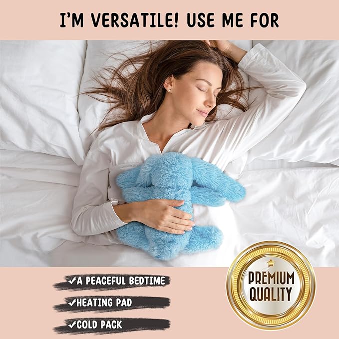 Bunny Microwavable Stuffed Animal – 1.5 lb Unscented Heating Pad Plush, Soft Cozy Bunny Toy for Relaxation and Comfort, Gift for Women, Girls, Adults & Kids by Happy Fuel, Blue