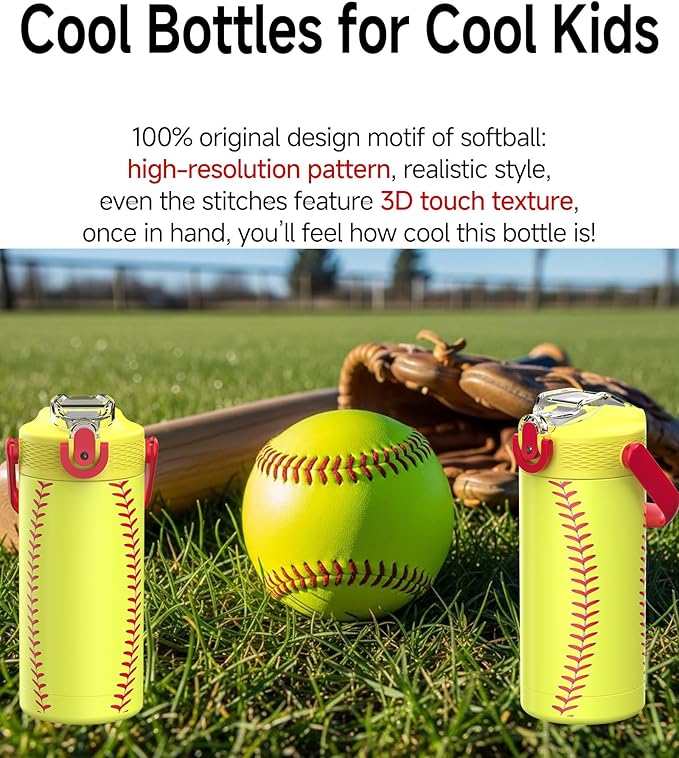 MYFOREST 14oz/400ml Insulated Kids Water Bottle, Odor-Free Surgical Grade Liner, Dishwasher-Safe, Name Spot, Soft Sipper, Gift for Sports Fan (Softball)