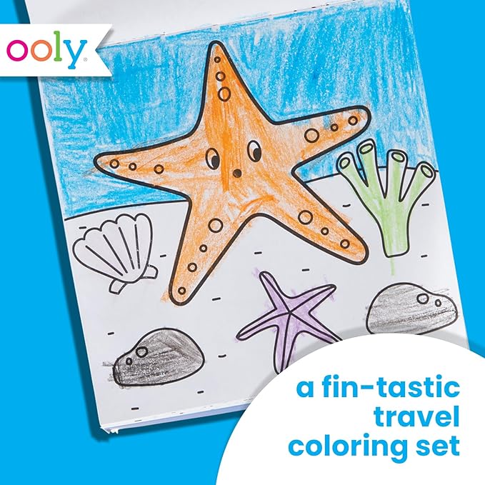 Ooly Travel Art Kit with 9 Jumbo Crayons & 48 Themed Coloring Pages & Case for Easy Traveling Art Creation, Perfect Airplane & Road Trip Activities for Kids - Sea Life