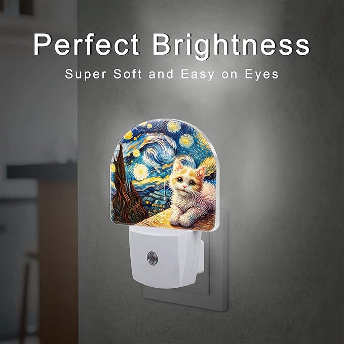 Starry Night and Cute Cat Night Light for Kids, Abstract Oil Painting Plug in Night Light with Dusk to Dawn Sensor, 0.5w Energy Saving Nightlight for Hallway Stairway Kitchen Bedroom